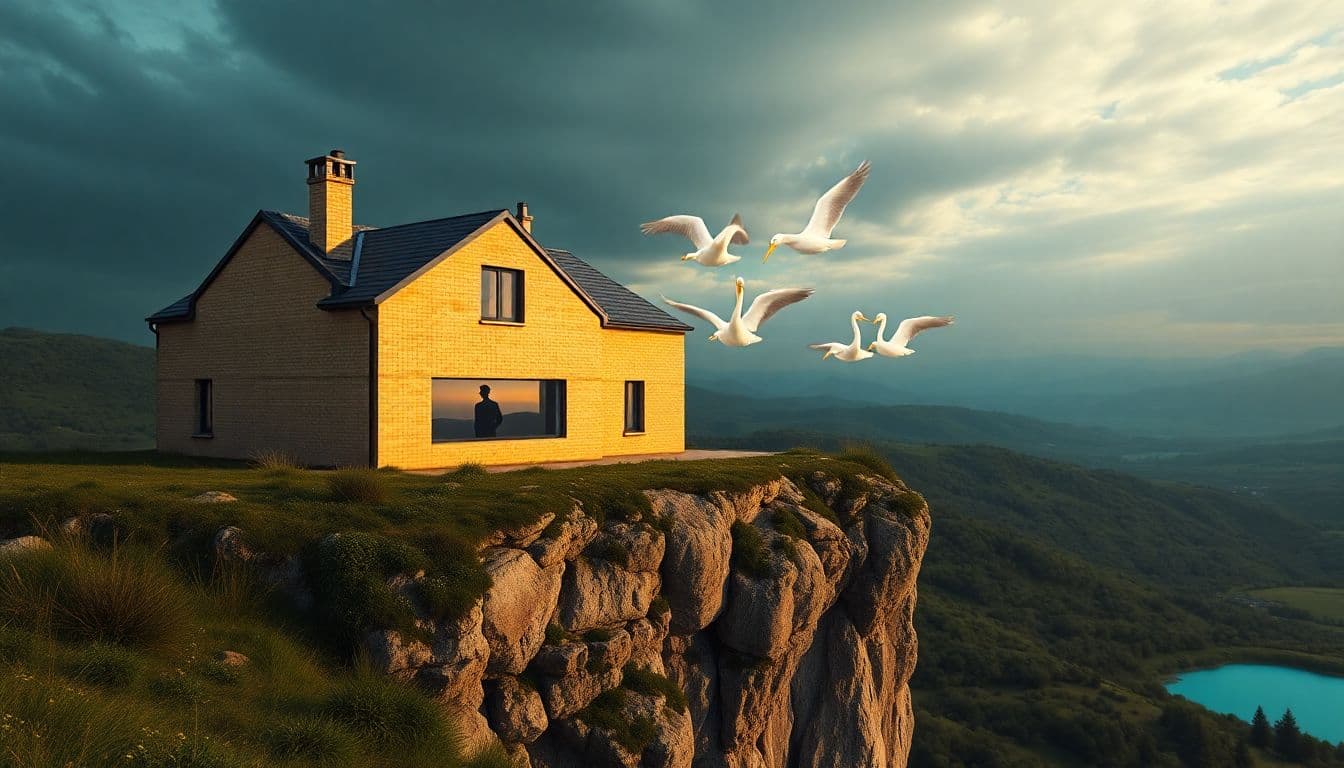 AI generated: Hyper realistic exterior photo of a (((yellow bricks))) house on a cliff, over a green valley, Stati...
