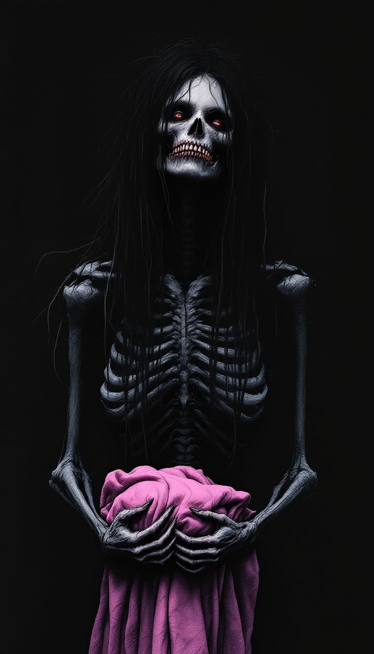 AI generated: creepy black ink drawing of a Terrifying skeletal female figure with long stringy hair , sunken, twi...