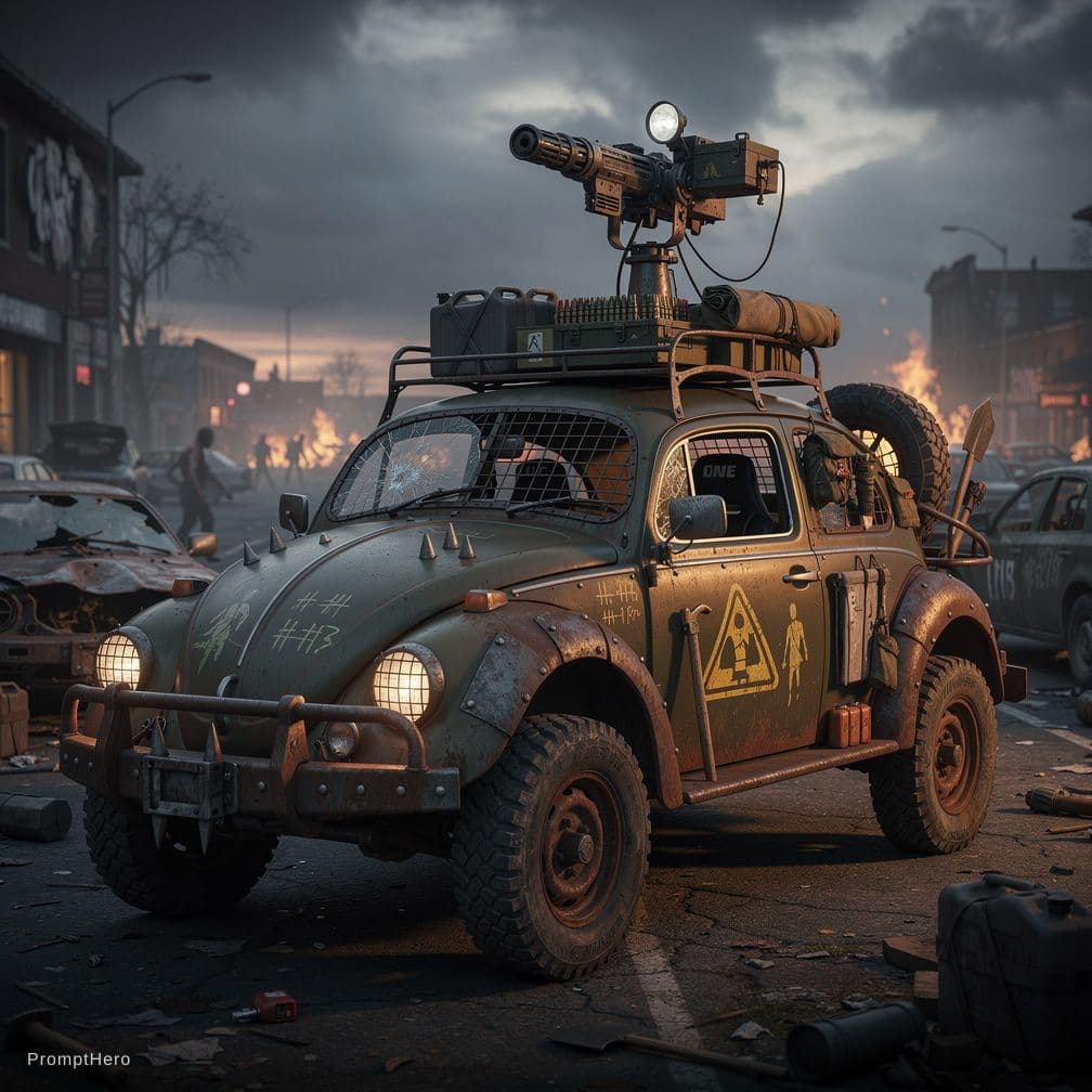 AI generated: A unique Volkswagen Beetle, specially prepared for zombie apocalyptic combat.
