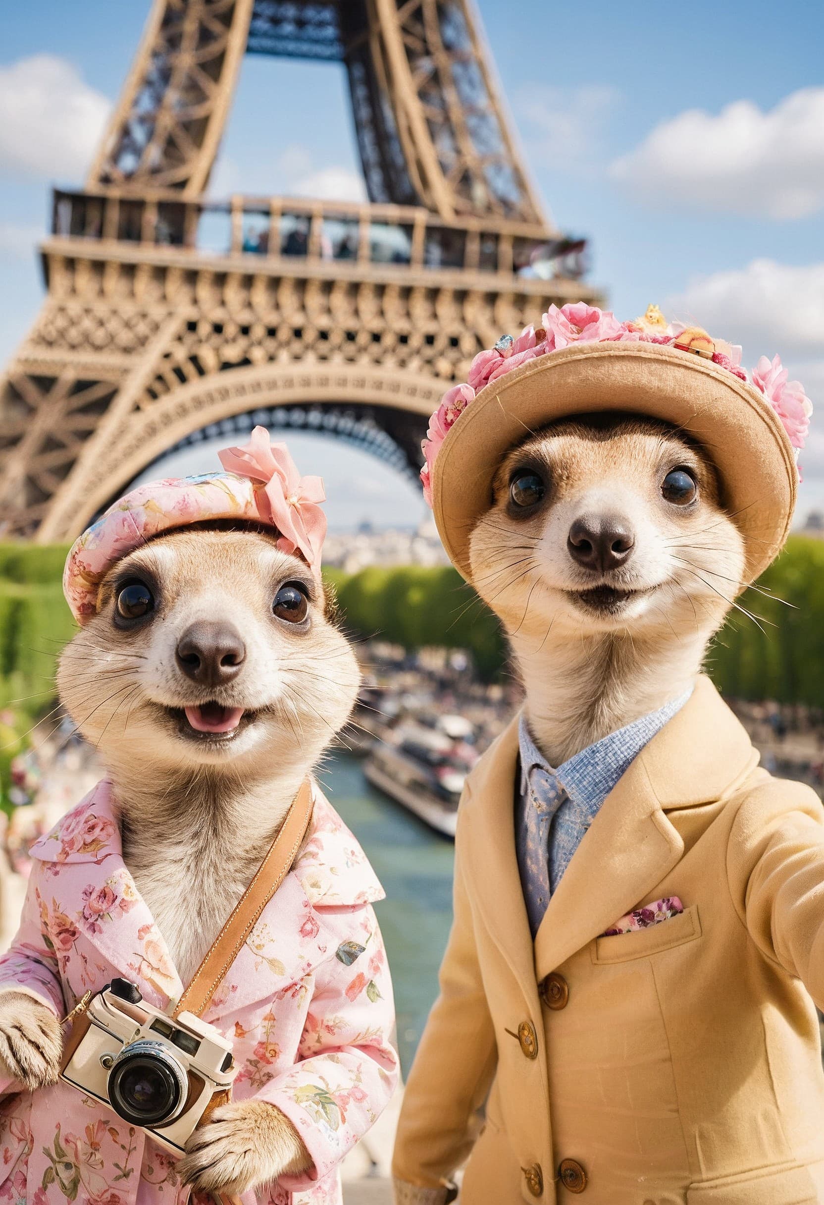 AI generated: Two anthropomorphic meerkats are taking a selfie during their delightful Paris journey. Max, wearing...