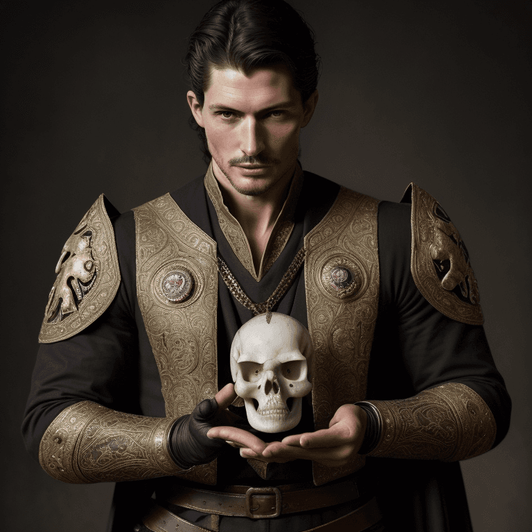 AI generated: Handsome mature prince holding an anatomically correct human skull  in the palm of his hand and aski...