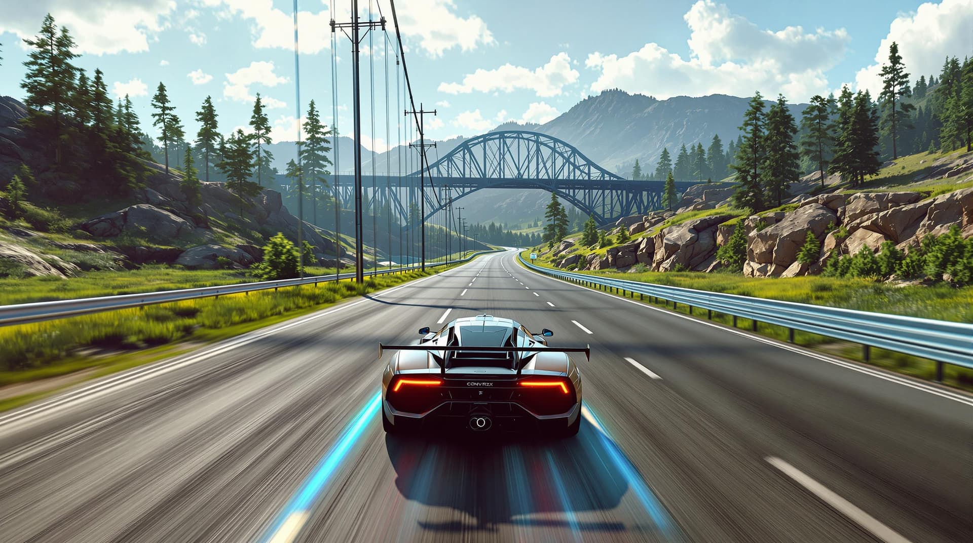 AI generated: 
Summer.  The race track goes through flat terrain and rises up to the Convex Bridge over a small ri...