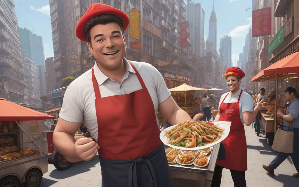AI generated: A lively 3D render illustration of a smiling man standing by a bustling street food cart. He is dres...