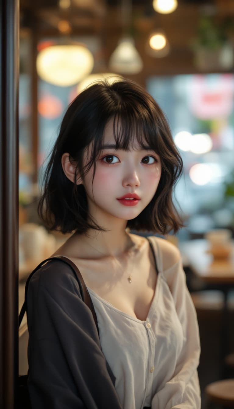 AI generated: a Japanese woman with pure innocent gaze, pale face, little sad, expressive style, smudges, in cafe....