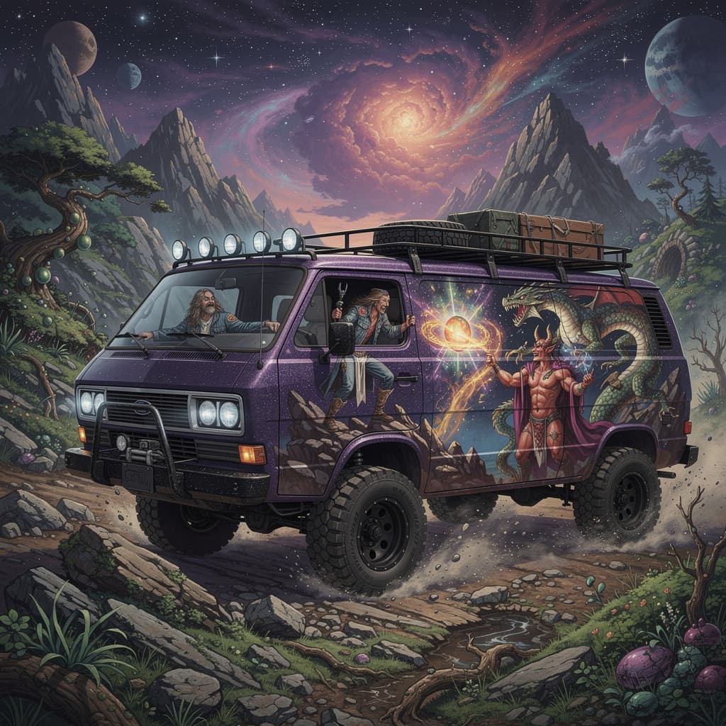 AI generated: a totally sick lifted 4-wheel drive overlanding van blasting through the mountains. Awesome Frank Fr...