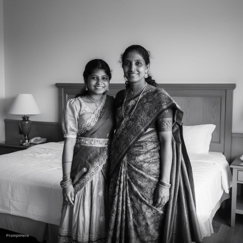 AI generated: Black and white photograph of a man and a woman in a bedroom. Man with short dark hair, wearing a ro...