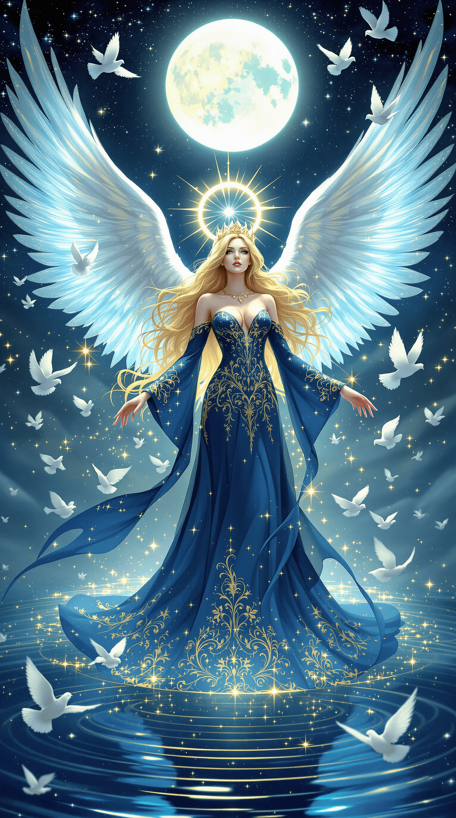 AI generated: (Ultra-high resolution, Hyper-detailed dark celestial artwork, Celestial midnight angel in moonlit s...
