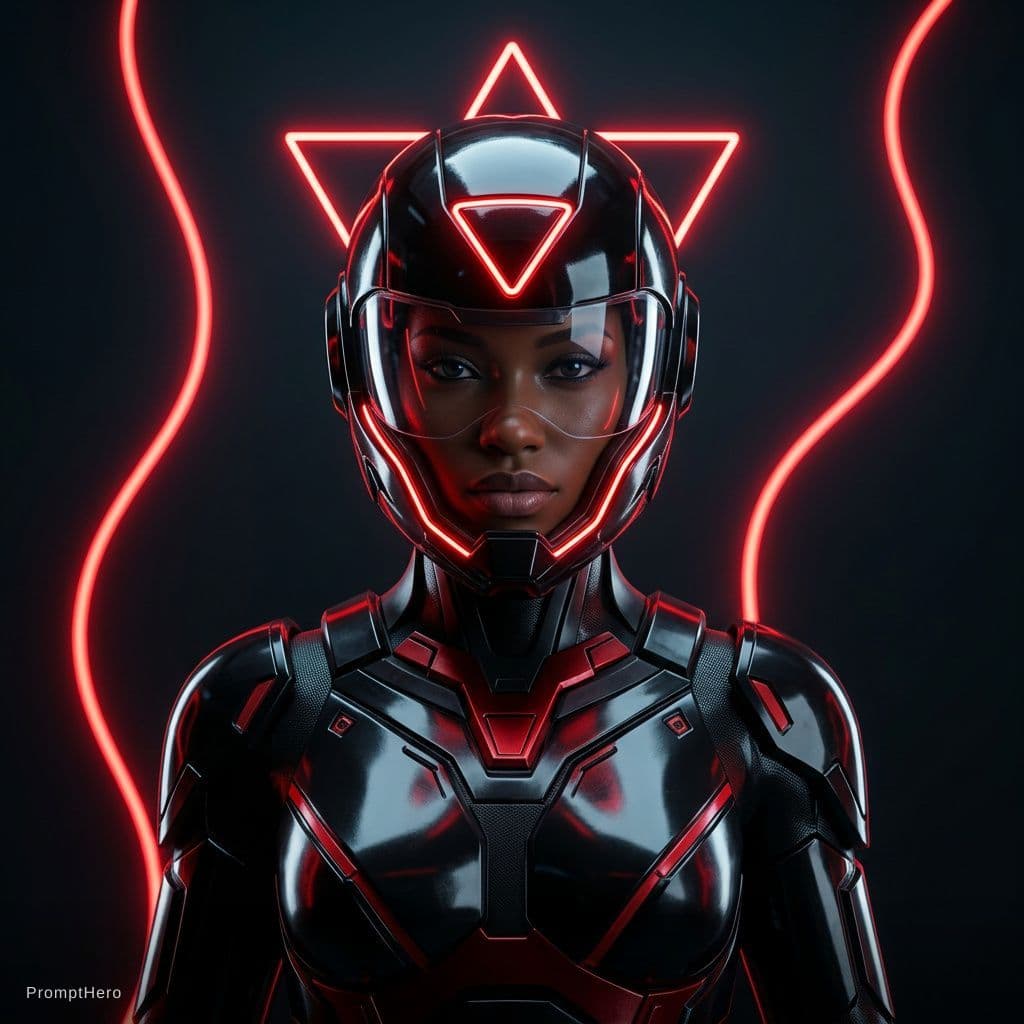 AI generated: Cute futuristic cyborg girl featuring a captivating reflective cybernetic helmet adorned with glowin...