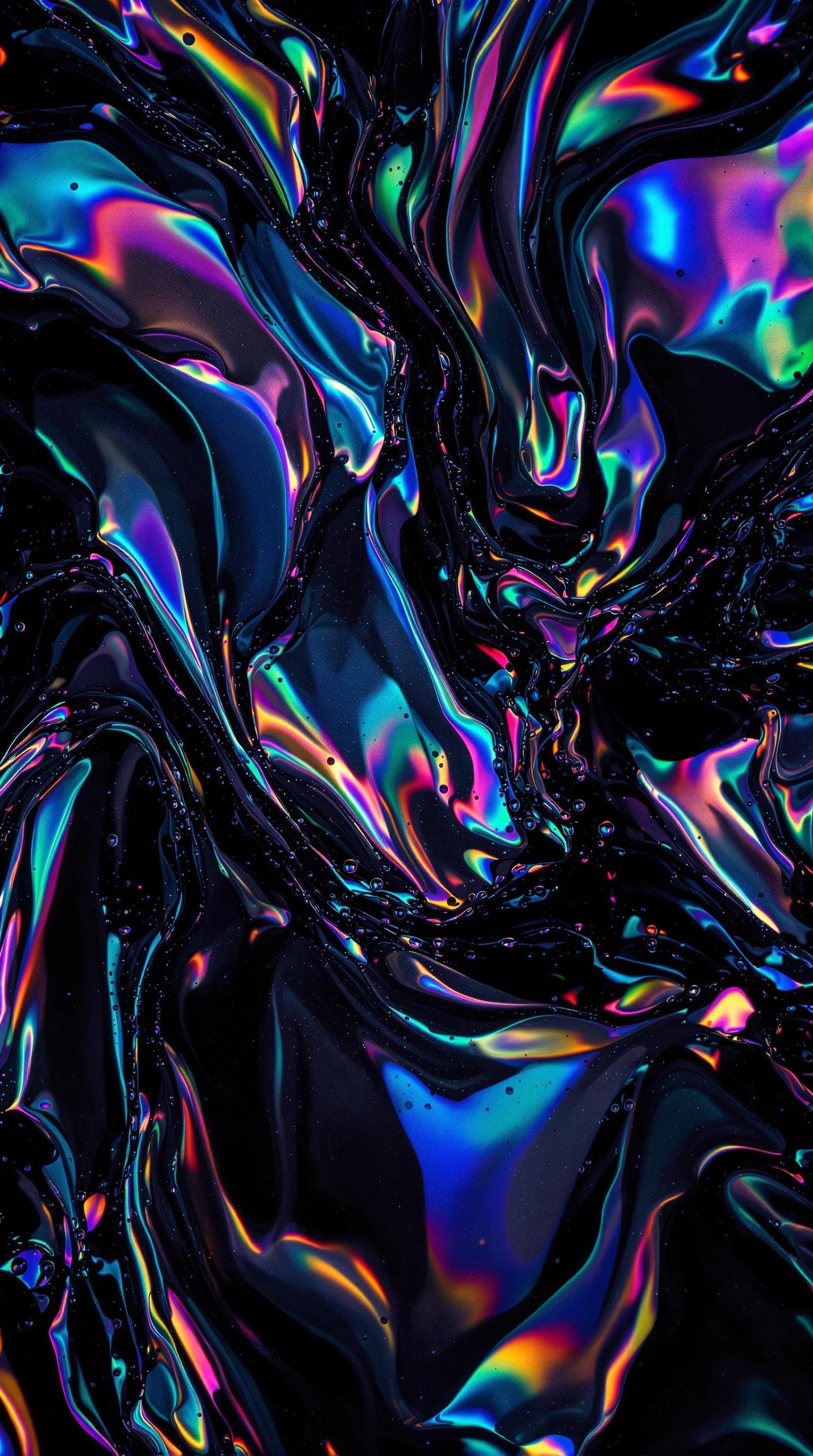 AI generated: black holographic fluid liquid texture, with neon  holographic effect, splashes