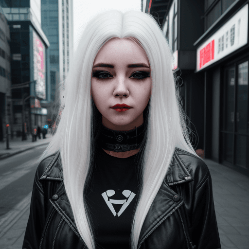 AI generated: A lady with a cute face, and sleepy beautiful eyes, wearing a black jacket, long white hair, cyberpu...