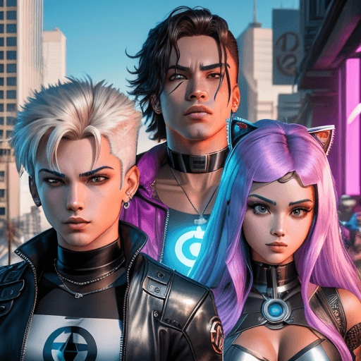 AI generated: Teen Titans in the style of cyberpunk, david michael bowers, ps1 graphics, serene faces, chrome-plat...