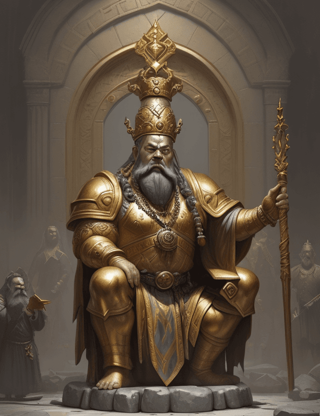 AI generated: antique dwarf vault, high stone colums, tall gold statue of dwarf king by Greg Rutkowski, oil painti...