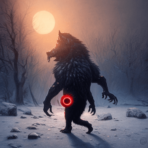 AI generated: Starvation black monster wolves with red eyes, fight in the ice age Scenery, : concept art::1 cyberp...