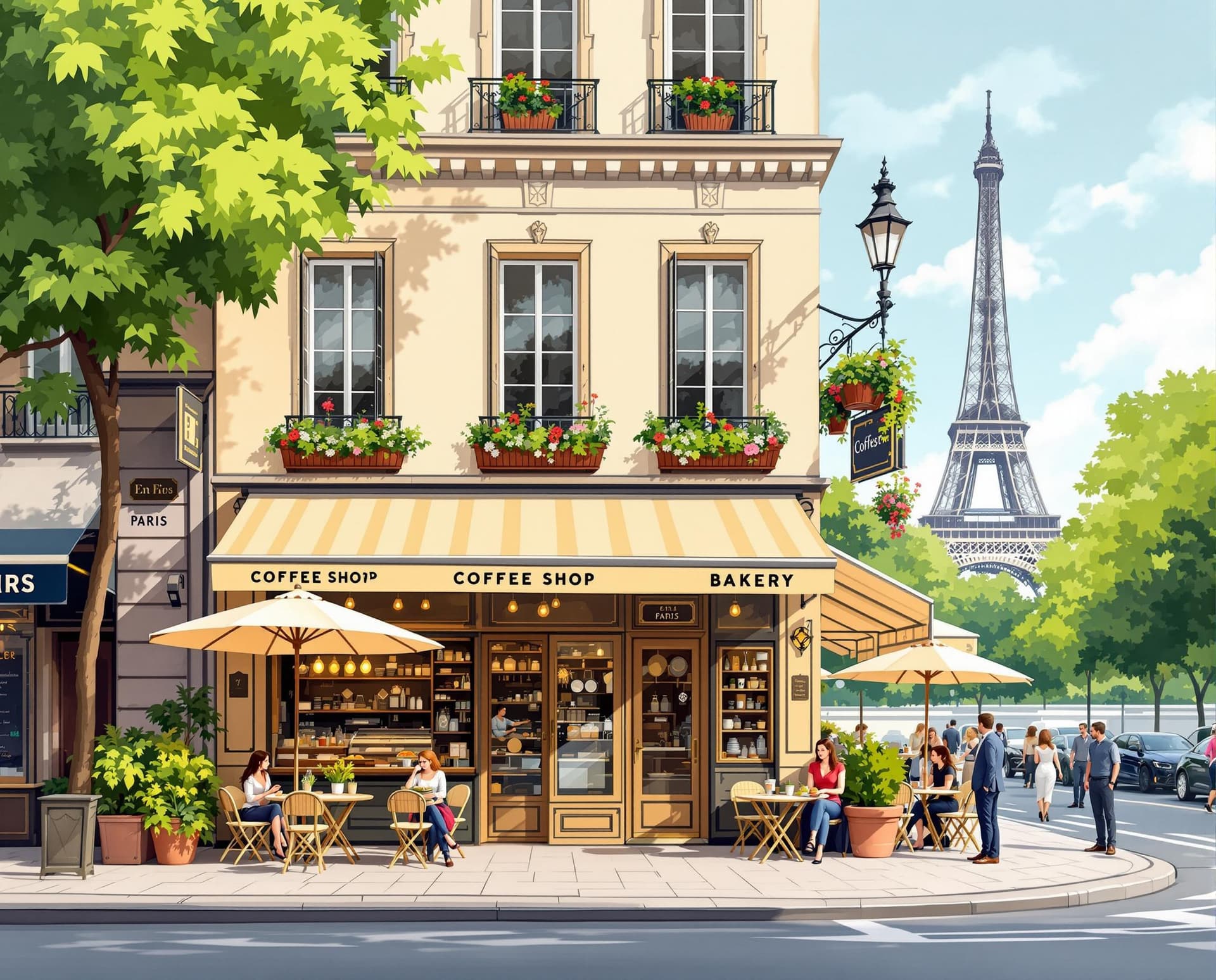 AI generated: Coffee shop as if it’s being in paris, you can draw the  bakery and add Eiffel Tower at the backgrou...
