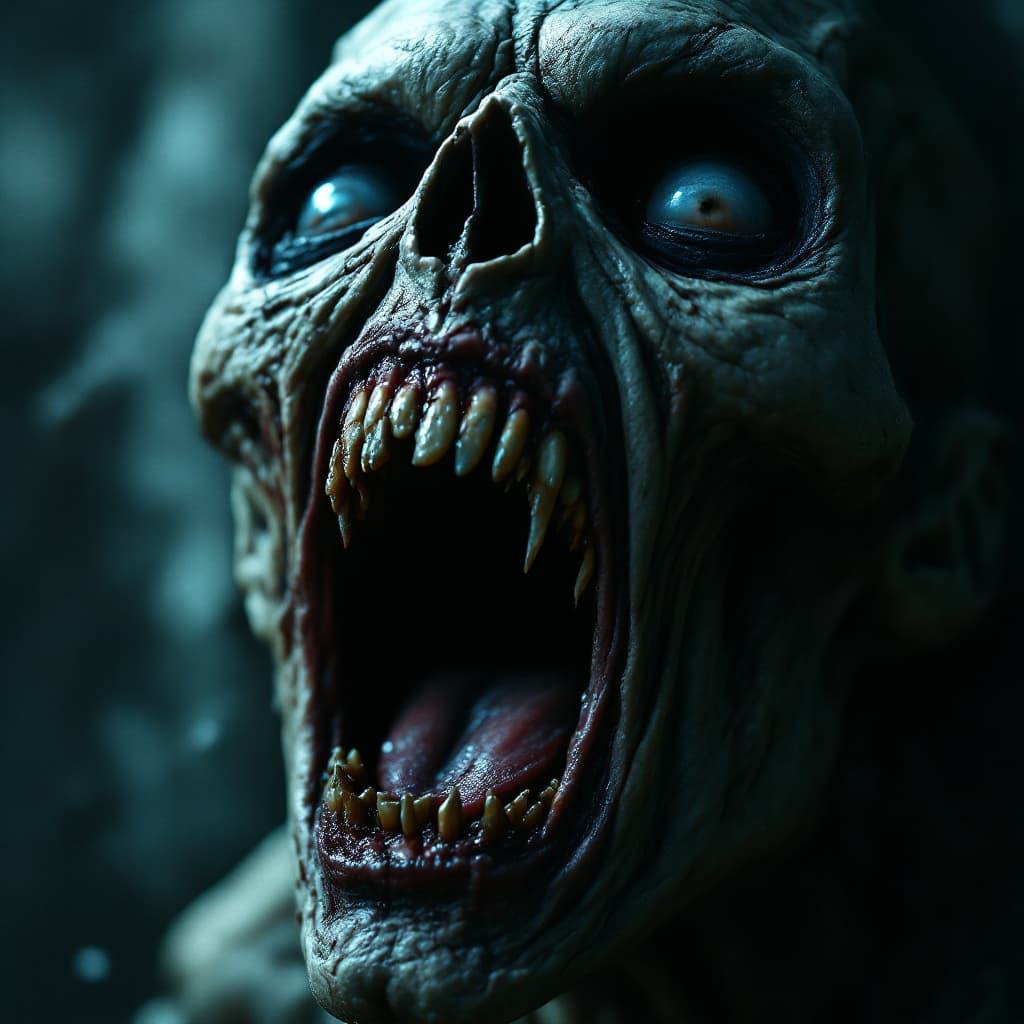 AI generated: An eerie close-up shot of a decomposing zombie, its mouth open in a soundless scream, revealing rott...