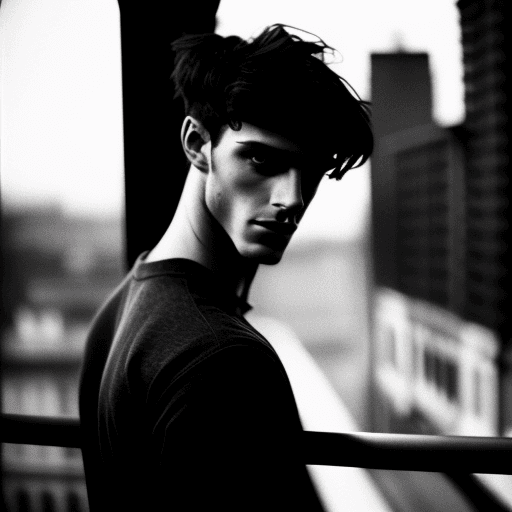 AI generated: moody, over-the-shoulder 100mm film camera editorial shot captures a young man, likely in his early ...