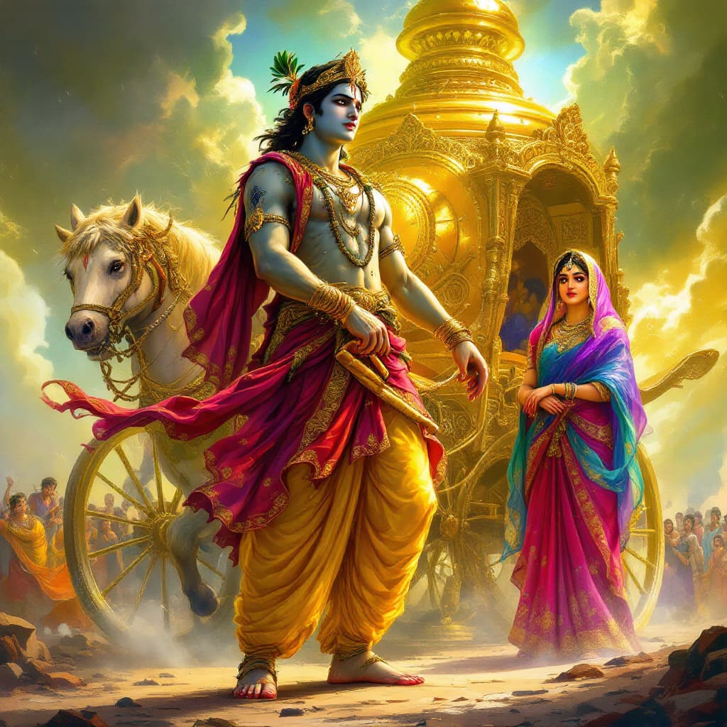 AI generated: Image Prompt: "A grand and powerful depiction of Lord Krishna standing determinedly with his flute i...