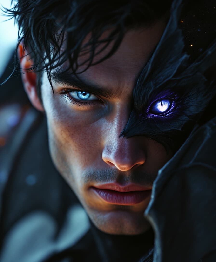 AI generated: A highly detailed, ultra-realistic half face close-up portrait of a mysterious, clean-shaven male  a...