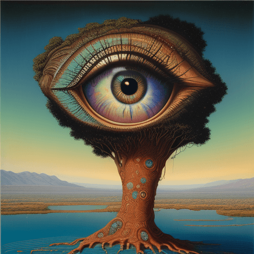 AI generated: an eye in a tree near water, in the style of brian despain, dripping paint, expansive landscapes, hi...