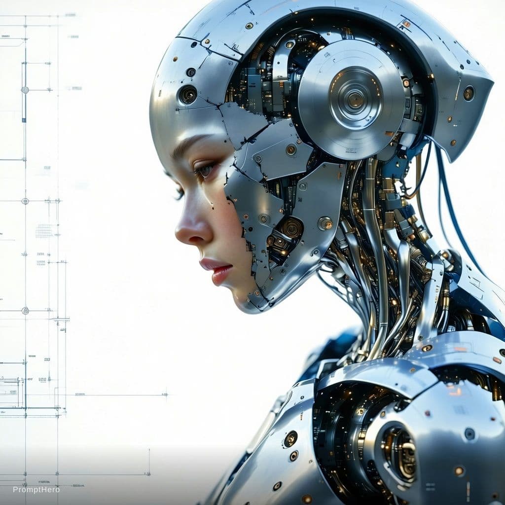 AI generated: Ultra-detailed cinematic portrait of a Hong Kong female cyborg , navy and white metallic limbs parti...