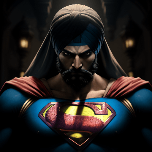 AI generated: Sikh Superman, in dynamic, atmosphere of darkness and horror, dramatic light, highly detailed, packe...