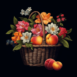 AI generated: Bold basket vector, featuring a striking mix of vibrant flowers and ripe peaches, by artist Banksy, ...