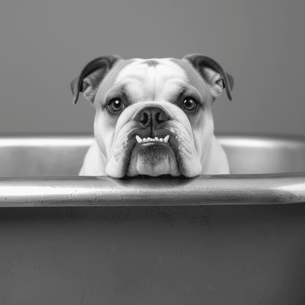 AI generated: Generate me an HD ULTRA 8k Black and white headshot photograph of a female english bulldog that is t...