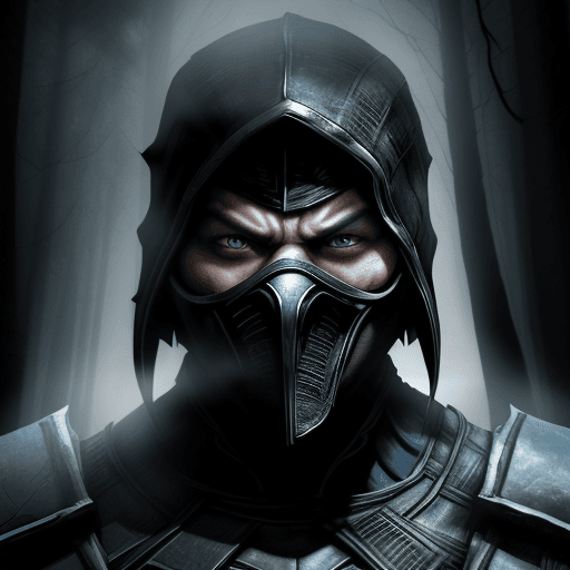 AI generated: Mortal Kombat Sub-Zero, white eyes, classic mask, movie 1995, comes out of the forest in the fog, at...