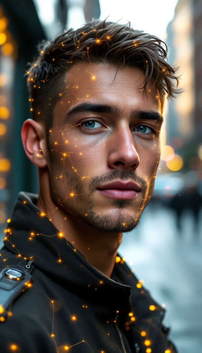 AI generated: 
We see a clean-shaven man's face and shoulders, facing us. Clean shaven. He is 24 years old. A hype...