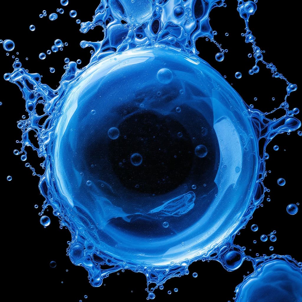 AI generated: experimental photography, flat lay, form of "MAYBE", blue color bubbly texture, thin soap film membr...