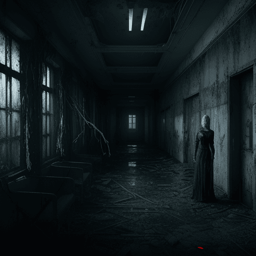 AI generated: a women on an abandoned hospital, wet and dense, mysterious, siren, unholy, creepy, horror, dark, in...