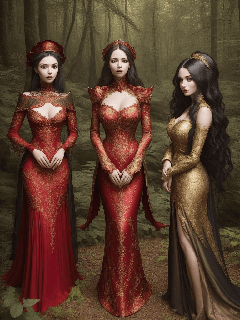 AI generated: a captivating portrait of three women, each dressed in elaborate fantasy costumes, posing together i...