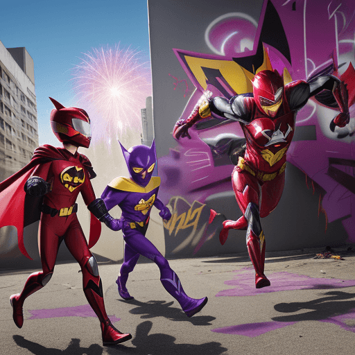 AI generated: a red batman with a red power ranger helmet and a purple and yellow robin with a purple power ranger...