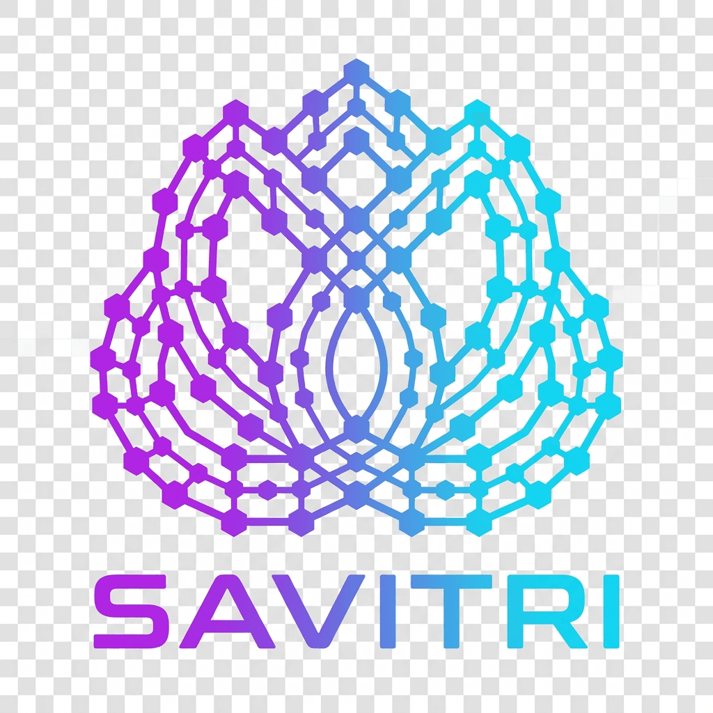 AI generated: "Savitri logo in center formed by interconnected hexagonal nodes, gradient purple (#B93AF4) to cyan ...
