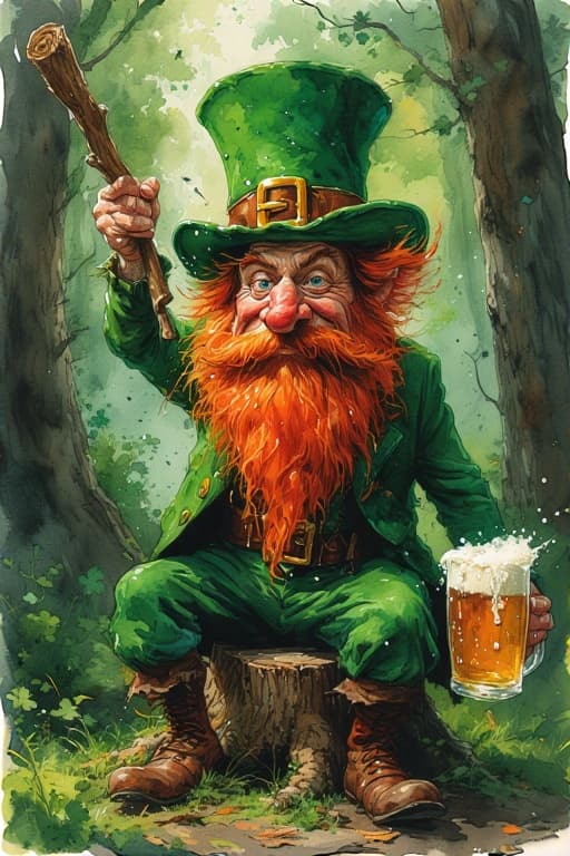 AI generated: an ugly leprechaun with a red beard and a mug of beer in one hand is beating himself by a stick in a...