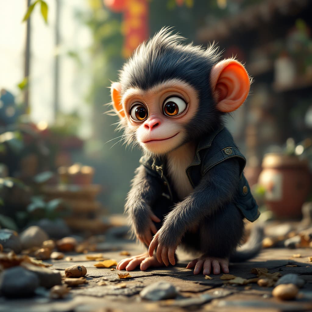 AI generated: cute [monkey/criature] on[ location], [clothes], full body, [lightning], concept art, ue5, 3d render...