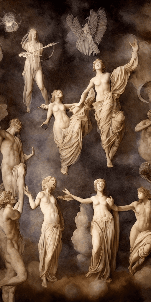 AI generated: raytraced render and digital painting of humans transforming into ethereal modest biological gods we...