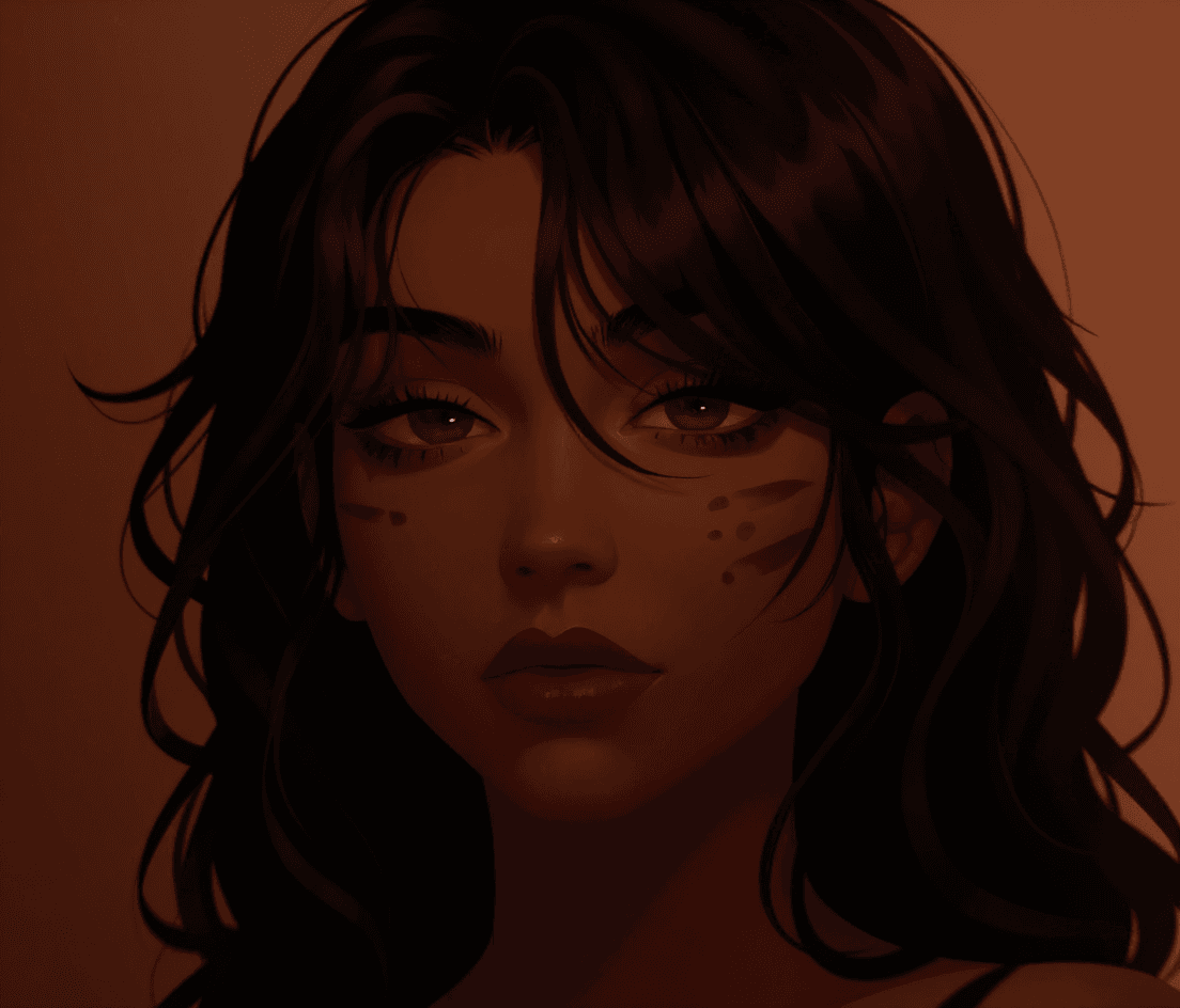 AI generated: Mid journey art style A dark skin female with long dark brown curly hair with a bang on the right si...