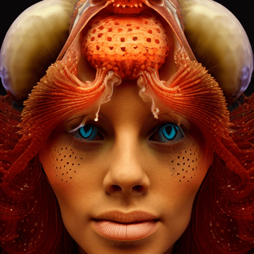 AI generated: goddess close-up portrait ribcagel. jellyfish phoenix head, nautilus, orchid, skull, betta fish, bio...