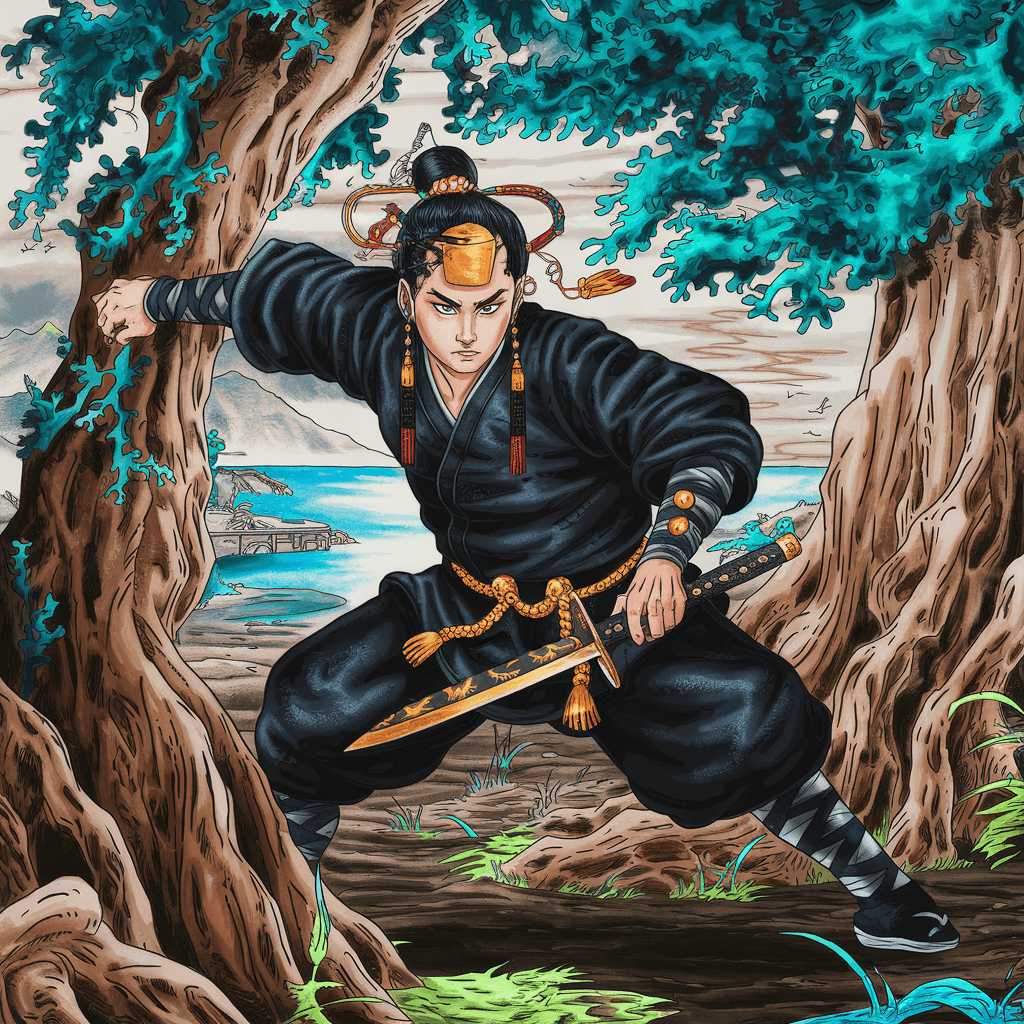 AI generated: A mischievous ninja in midnight black traditional Chinese attire, golden accessories, stealthy stanc...