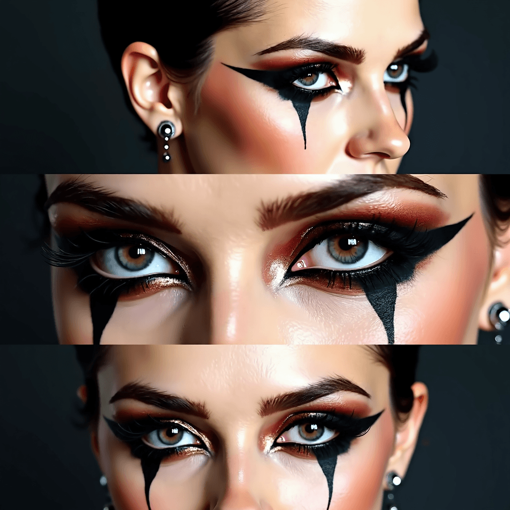 AI generated: Generate a composite image with three panels focusing on a person's face and dramatic eye makeup. To...