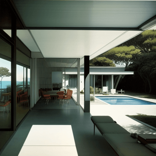 AI generated: Hyper realistic eye level exterior photo of a mid century modern style house overlooking the ocean, ...