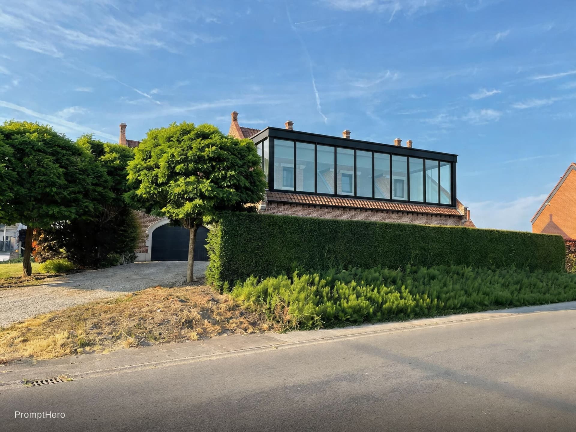 AI generated: create a glass section on the house, just above to windows, modern look