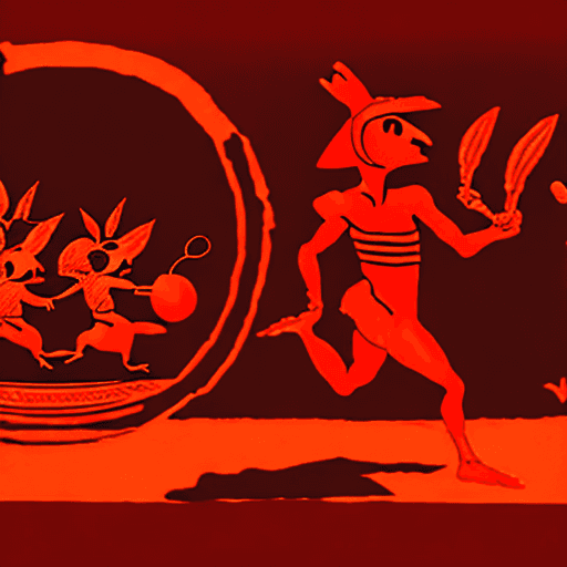 AI generated: a 4k photo of a classical greek vase in the red-figure pottery style depicting pikmin from the video...