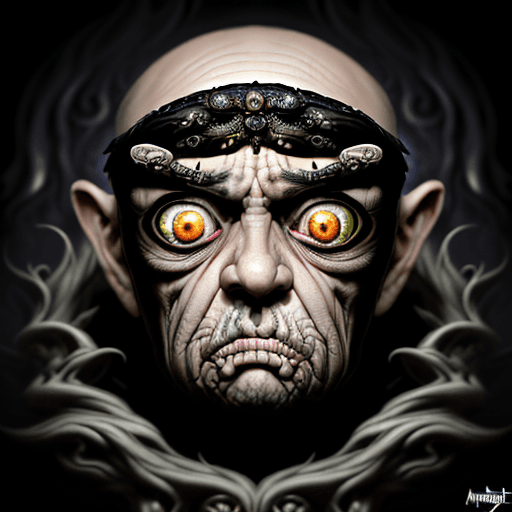 AI generated: Very old frightened and scared grandpa with fear in eyes, mad sky hallucination by Mundford, baroque...