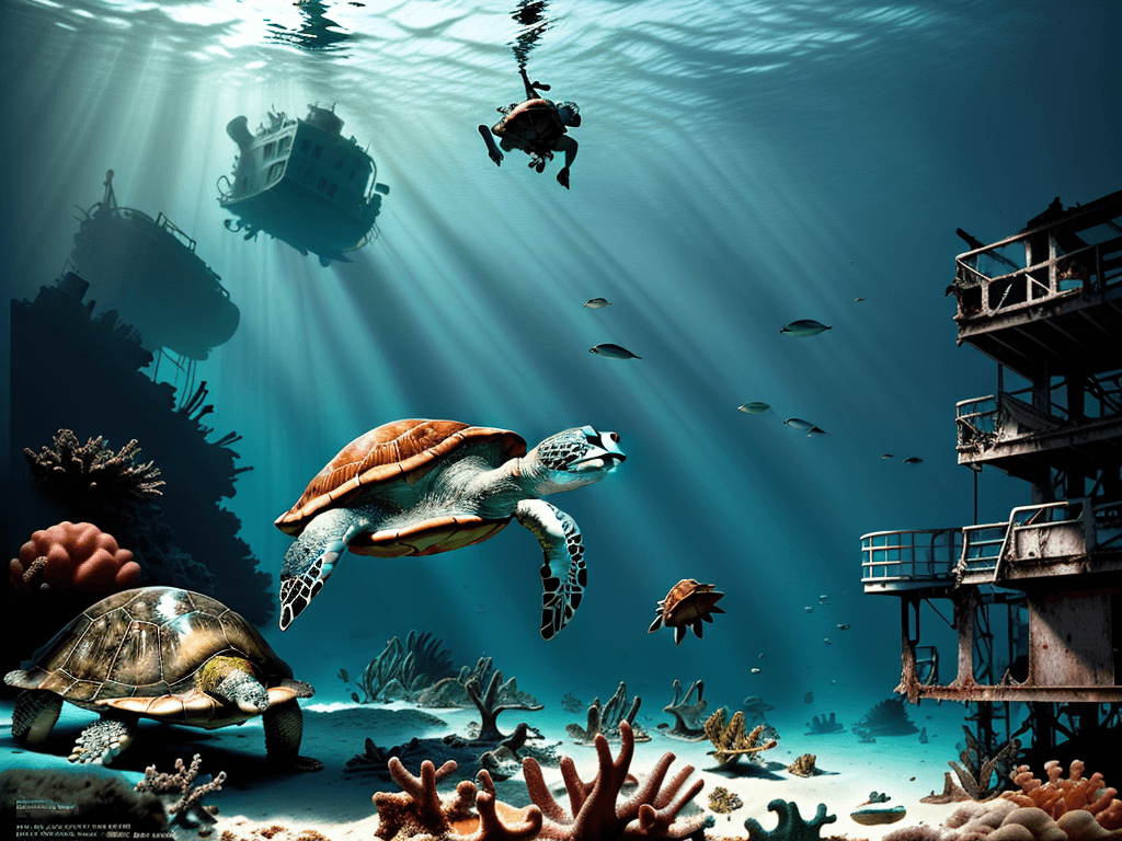 AI generated: Hyper realistic diving photo of caribbean sea, wreck, turtle, daylight, indirect lighting, AD magazi...