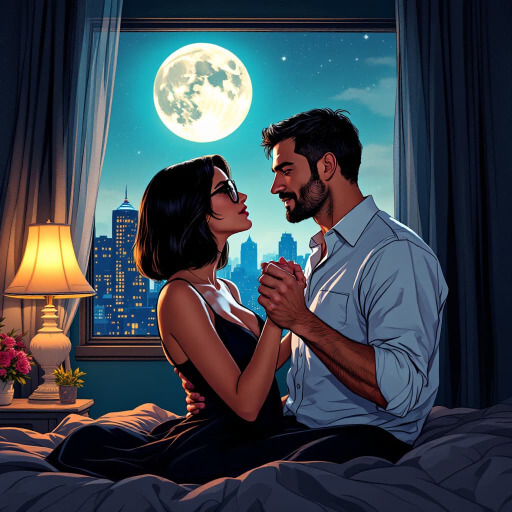 AI generated: Create a romantic 90s comic book style image of a couple dancing in a bedroom. The man, in his 40s w...