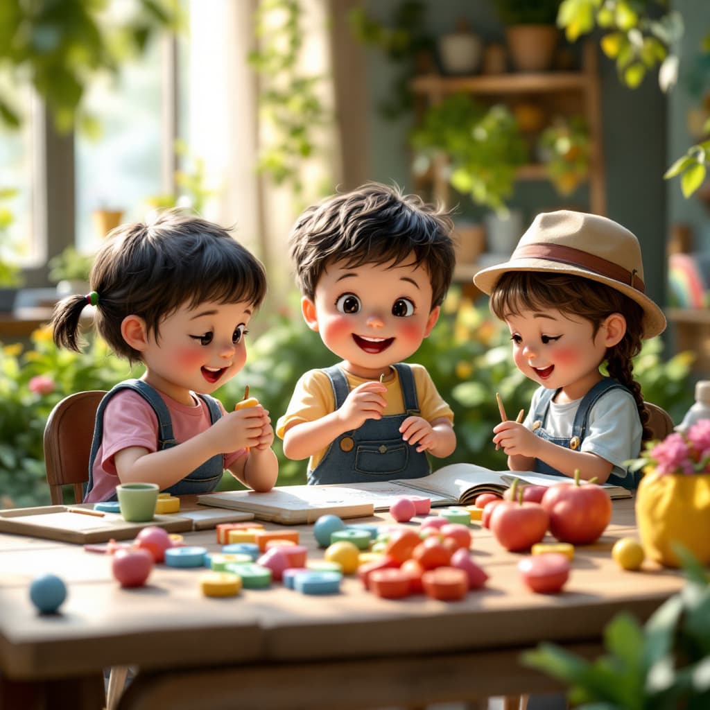 AI generated: Hyper realistic kidengarden school summer camp, kids plyaing joyfully, having some alphabets, 

