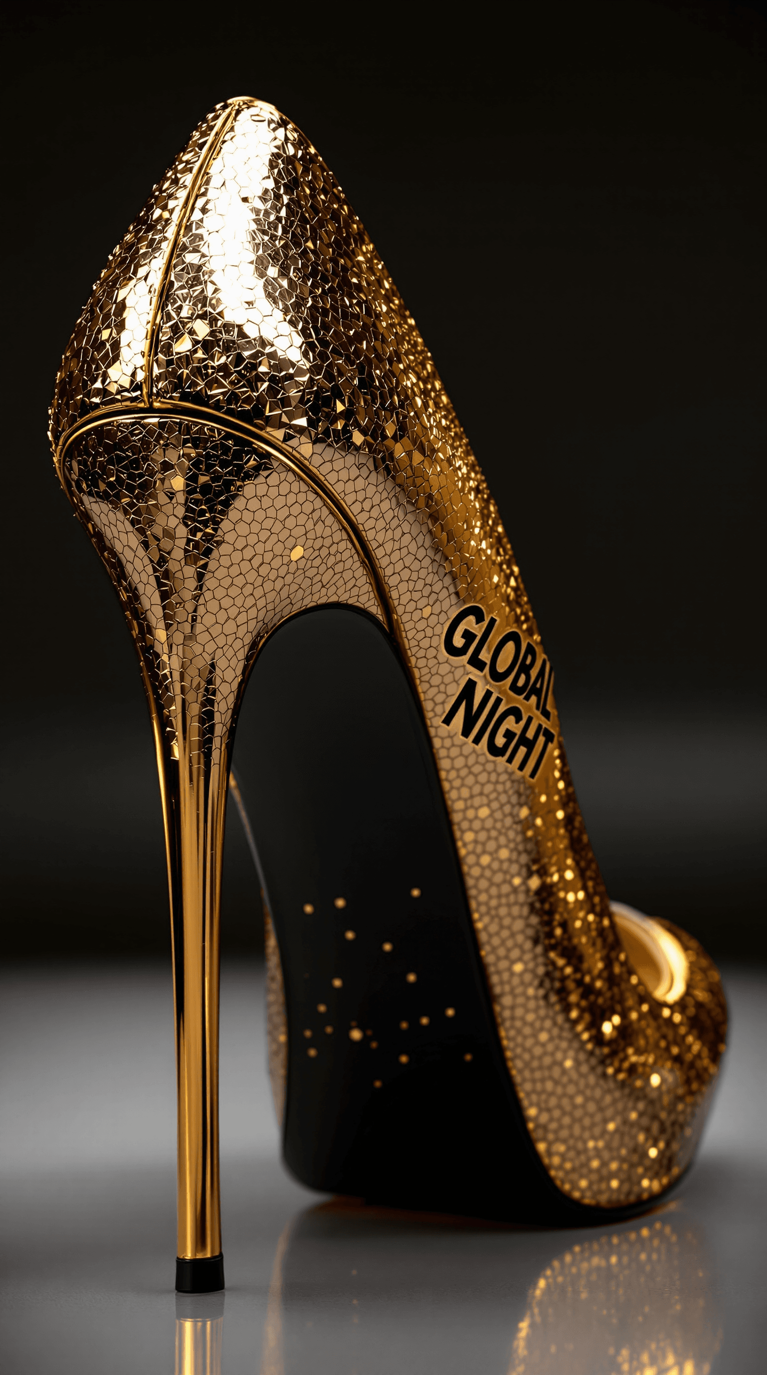 AI generated: sexy extrem high high heel in color gold, on the high heel is the font "GLOBAL NIGHT"