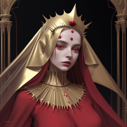 AI generated: lady in red veils her face and has a large golden spiked crown, in the style of celestial fasion, ot...